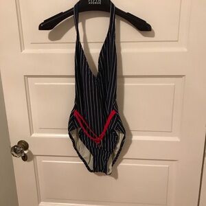 Womens Swim Suit One Piece Dark Blue & White Red Belt Anne Cole Sz 12 Never Worn
